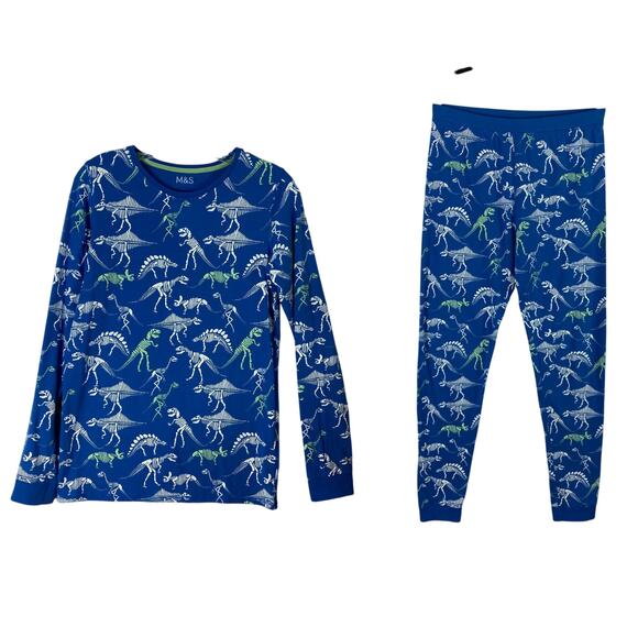 nwot MARKS&SPENCER Panama Set 14-15Y Blue White Lime Dinosaur Print Lounge